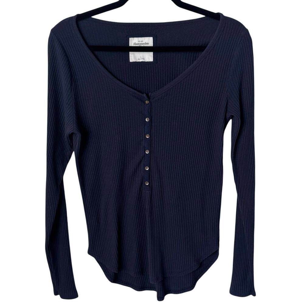 Vintage Y2K Abercrombie & Fitch Ribbed Henley Top Navy Long Sleeve Bella Swan L